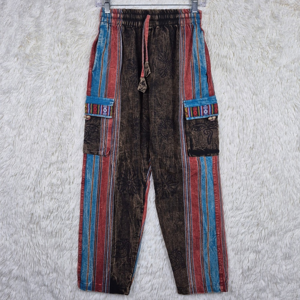 Rising International Boho Cargo Pants Small Cotton Patchwork Striped Nepal Brown